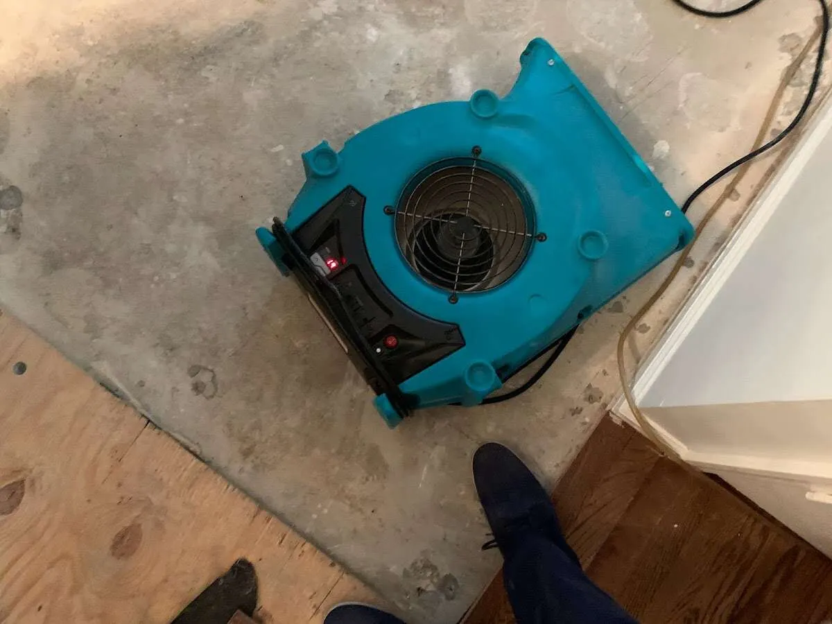 Air mover drying subfloor during Commercial Water Damage Restoration in Ave Maria